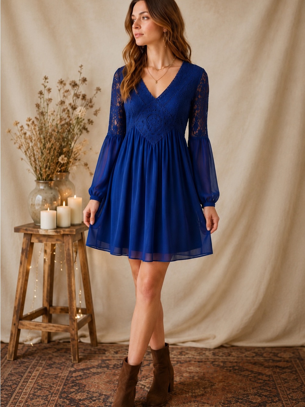 Free People Inspired Boho Fairy Blue Crochet Lace Bishop Sleeve Mini Dress M